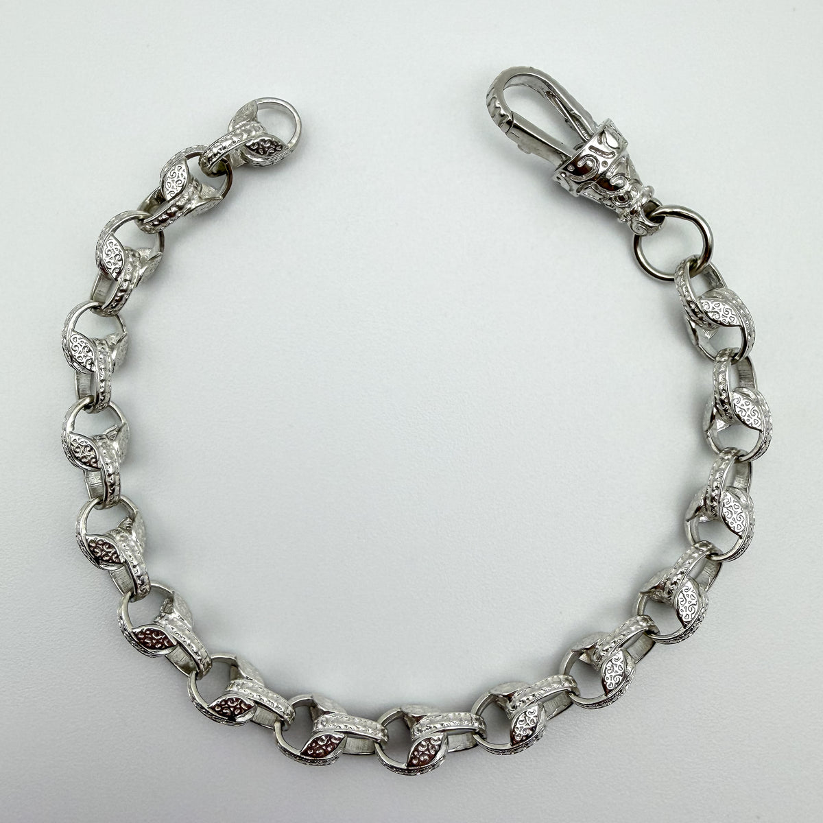 925 sterling silver Tulip link bracelet, 8.25 inches long, photographed on white background