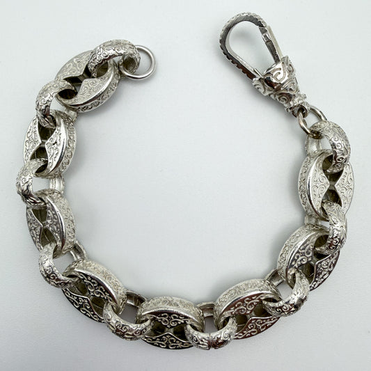 925 sterling silver Button & Belcher link bracelet, 8.5 inches long, photographed on white background