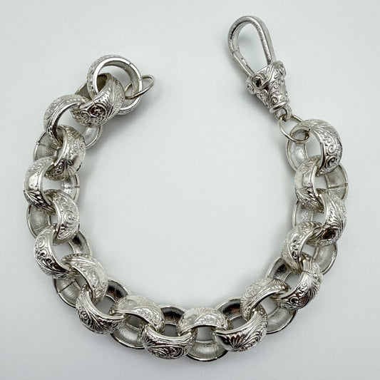 925 sterling silver Patterned Belcher link bracelet, 10 inches long, photographed on white background